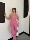 Fitilli Kumaş Sırt Dekolteli Takım Pembe