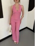 Fitilli Kumaş Sırt Dekolteli Takım Pembe