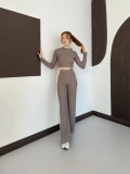 Garnili Yan Şerit Crop-Pantolon Takım Gri