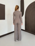Garnili Yan Şerit Crop-Pantolon Takım Gri