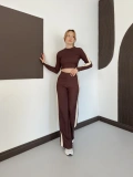 Garnili Yan Şerit Crop-Pantolon Takım Kahve