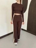 Garnili Yan Şerit Crop-Pantolon Takım Kahve