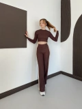 Garnili Yan Şerit Crop-Pantolon Takım Kahve