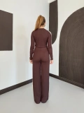 Garnili Yan Şerit Crop-Pantolon Takım Kahve