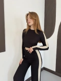 Garnili Yan Şerit Crop-Pantolon Takım Siyah