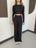 Garnili Yan Şerit Crop-Pantolon Takım Siyah