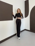 Garnili Yan Şerit Crop-Pantolon Takım Siyah