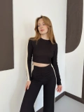 Garnili Yan Şerit Crop-Pantolon Takım Siyah