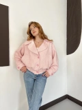 Geniş Yaka Düğme Detaylı Bel Lastikli Ceket Pembe
