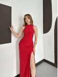 Halter Yaka Bel Detaylı Yırmaçlı Sandy Elbise Kırmızı