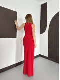 Halter Yaka Bel Detaylı Yırmaçlı Sandy Elbise Kırmızı