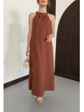 Halter Yaka Ham Keten Elbise Kahve