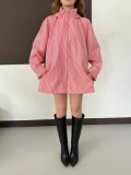 İnce Çizgili Kapüşon Detaylı Su itici Yağmurluk Pembe