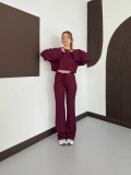 İspanyol Kol Crop- Bluz-Pantolon Takım Mürdüm