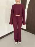 İspanyol Kol Crop- Bluz-Pantolon Takım Mürdüm