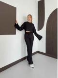 İspanyol Kol Crop- Bluz-Pantolon Takım Siyah