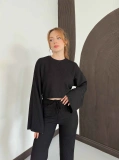 İspanyol Kol Crop- Bluz-Pantolon Takım Siyah