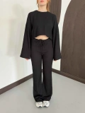 İspanyol Kol Crop- Bluz-Pantolon Takım Siyah
