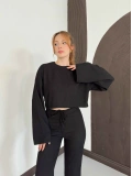 İspanyol Kol Crop- Bluz-Pantolon Takım Siyah