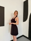Kare Yaka Boyundan Bağlamalı Mini Çan Elbise Kahve