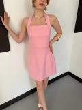 Kare Yaka Boyundan Bağlamalı Mini Çan Elbise Pembe