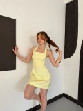Kare Yaka Boyundan Bağlamalı Mini Çan Elbise Sarı