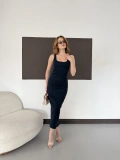 Kare Yaka Kalın Askılı Denim Elbise Lacivert