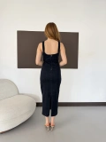 Kare Yaka Kalın Askılı Denim Elbise Lacivert