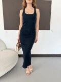 Kare Yaka Kalın Askılı Denim Elbise Lacivert
