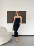 Kare Yaka Kalın Askılı Denim Elbise Lacivert
