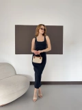 Kare Yaka Kalın Askılı Denim Elbise Lacivert