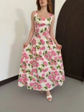 Kare Yaka Kalın Askılı Desenli Midi Elbise Pembe