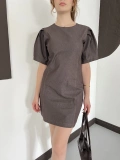 Karpuz Kol Mini Denim Elbise Kahve