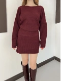 Kayık Yaka Yumoş Dokulu Triki Mini Elbise Bordo