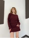 Kayık Yaka Yumoş Dokulu Triki Mini Elbise Bordo