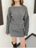 Kayık Yaka Yumoş Dokulu Triki Mini Elbise Gri