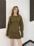 Kayık Yaka Yumoş Dokulu Triki Mini Elbise Haki