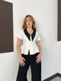 Kontrast Yaka Peplum Detaylı Bluz Beyaz