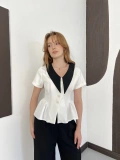 Kontrast Yaka Peplum Detaylı Bluz Beyaz