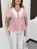 Kontrast Yaka Peplum Detaylı Bluz Pembe