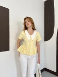 Kontrast Yaka Peplum Detaylı Bluz Sarı