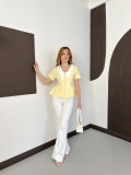 Kontrast Yaka Peplum Detaylı Bluz Sarı
