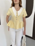Kontrast Yaka Peplum Detaylı Bluz Sarı