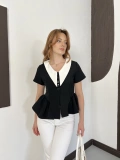 Kontrast Yaka Peplum Detaylı Bluz Siyah