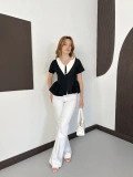 Kontrast Yaka Peplum Detaylı Bluz Siyah