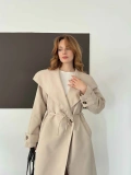 Kruvaze Yaka Bel Kuşaklı Uzun Modern Trenç Bej