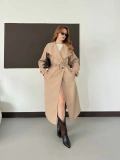 Kruvaze Yaka Bel Kuşaklı Uzun Modern Trenç Taş