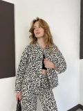 Leopar Desenli Denim Ceket-Pantolon Takım