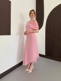Omuz Büzgü Detay Uzun Elbise Pembe