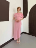 Omuz Büzgü Detay Uzun Elbise Pembe